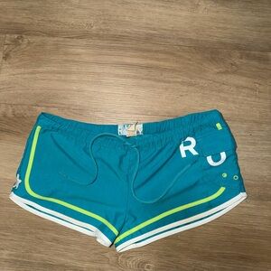 Roxy Teal Running Shorts with Neon Lime Trim